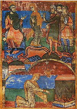 Miniature extraite du manuscrit sur la vie de sainte radegonde (Poitou, 11e sicle, bibliothque municipale de Poitiers)